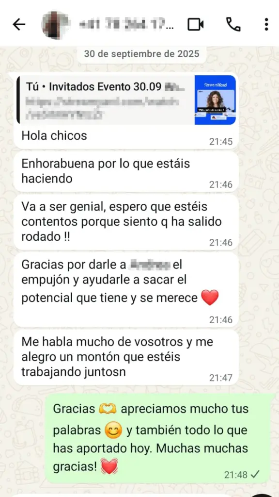 WhatsApp message from a family thanking the team