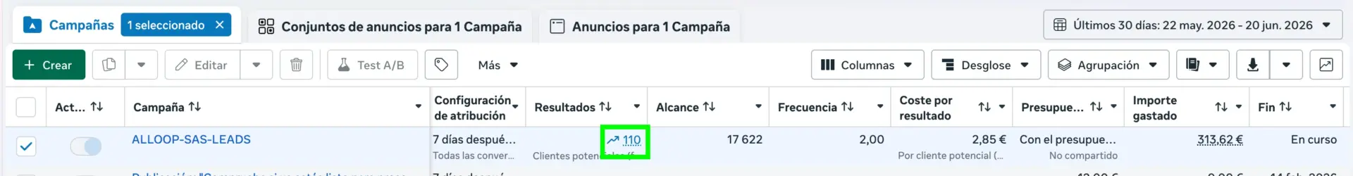 Facebook Ads results for Mara’s first campaign: 110 potential students at €2.85 each